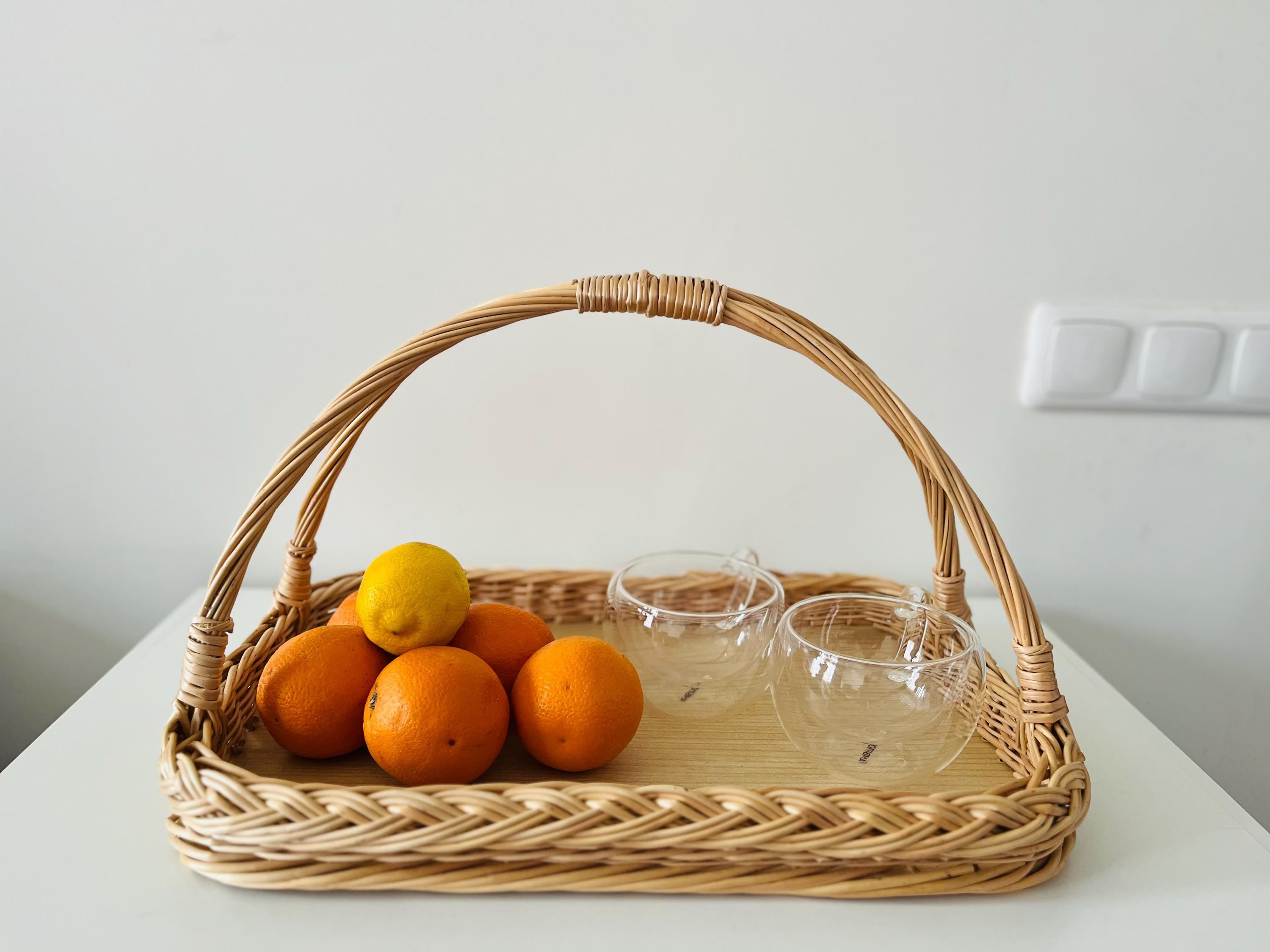 Handwoven Wicker Tray – Rustic Willow Serving Basket with Handles, Natural Table or Kitchen Decor