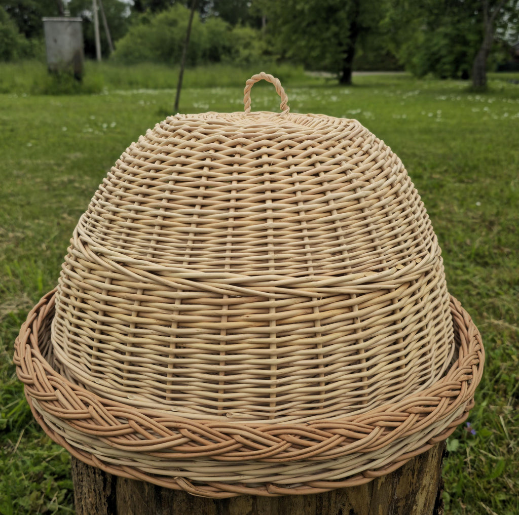 Handmade Wicker Food Cover with Tray: Rustic Farmhouse Kitchen Cloche