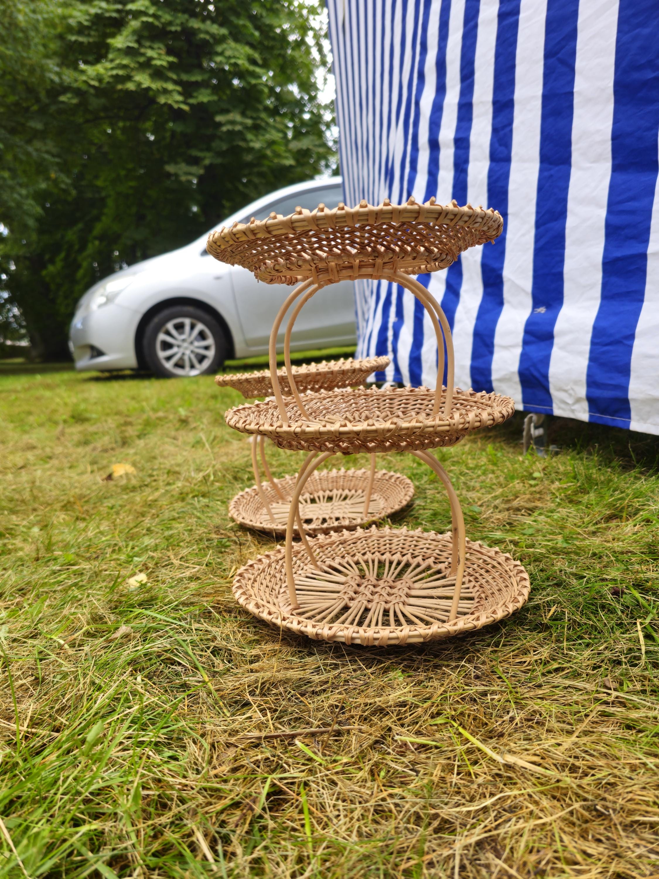 Handwoven Three-Tier Display Stand | Rustic Willow Tray Shelf