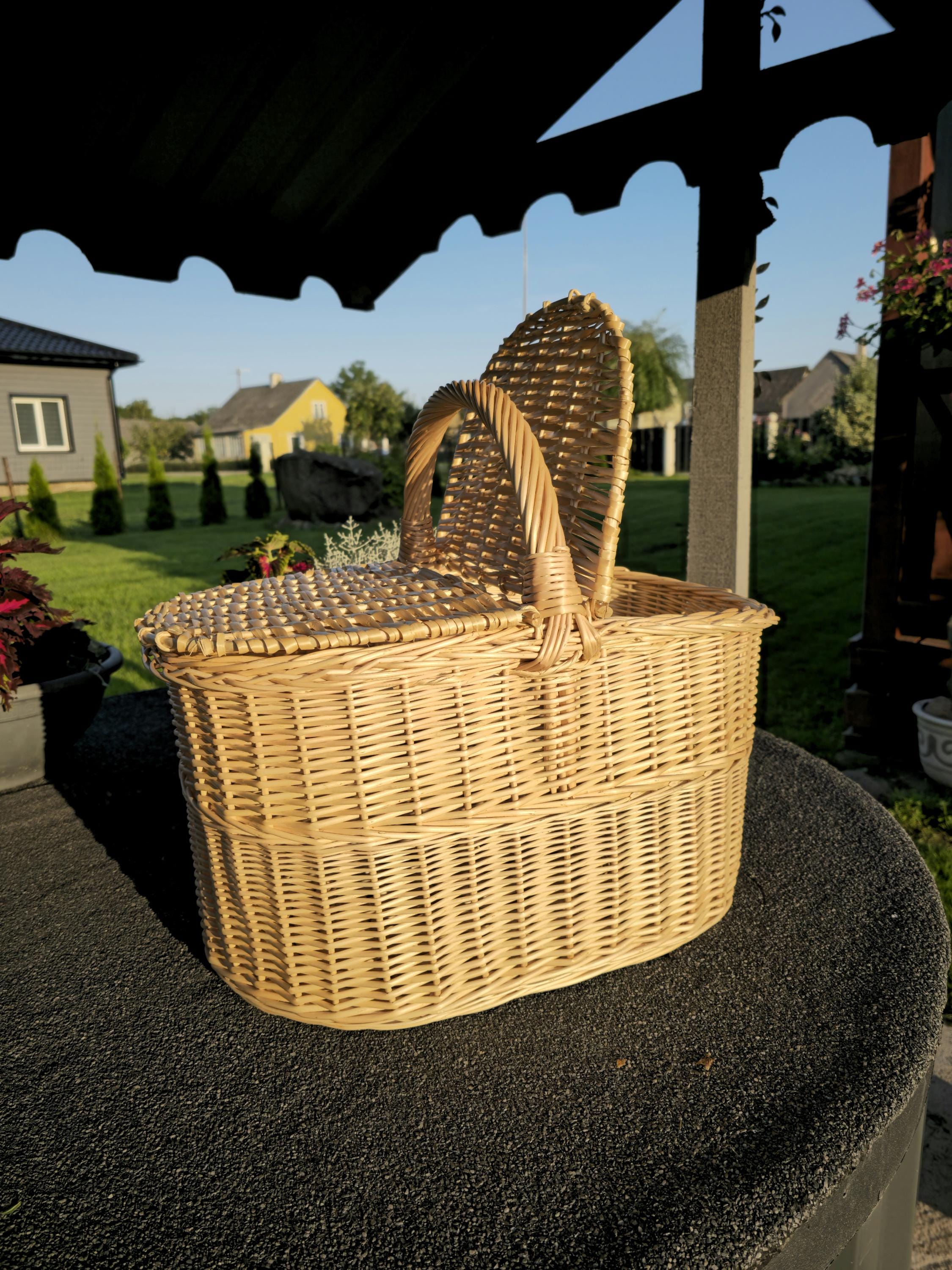 Handmade Wicker Picnic Basket: Large Willow Hamper with Double Lids