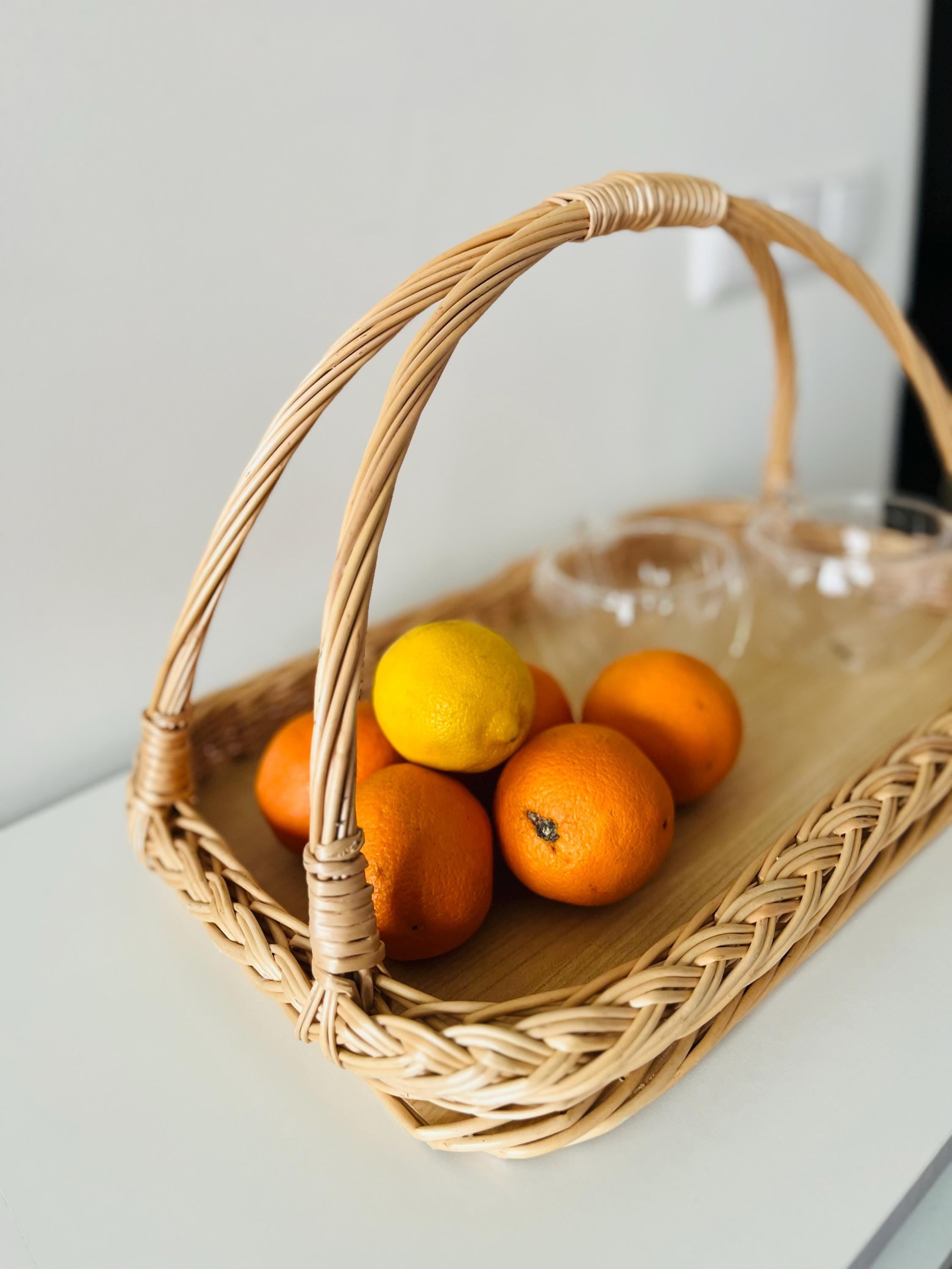 Handwoven Wicker Tray – Rustic Willow Serving Basket with Handles, Natural Table or Kitchen Decor