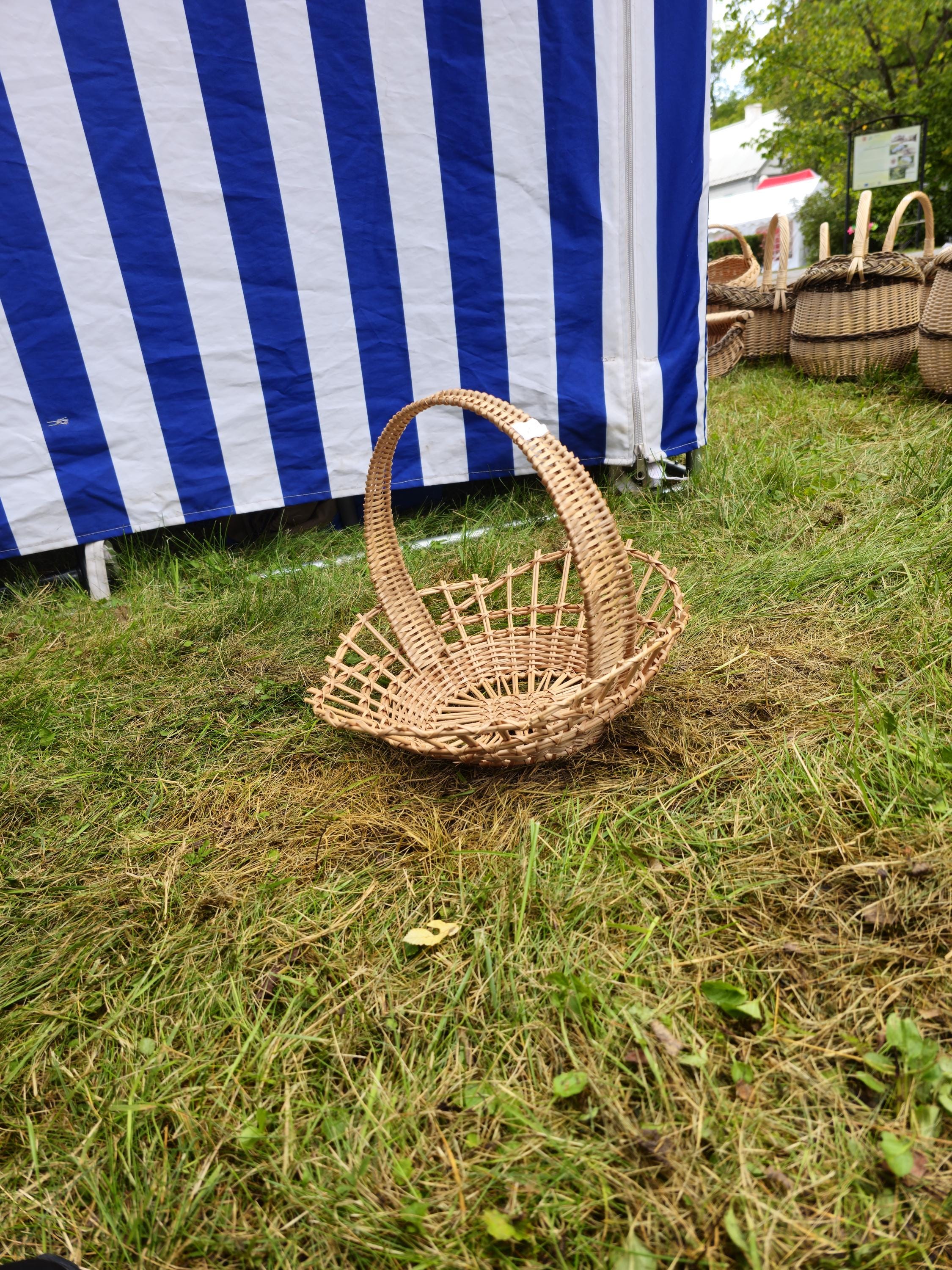 Shallow Wicker Display Basket with Arched Handle – Oval Handwoven Tray