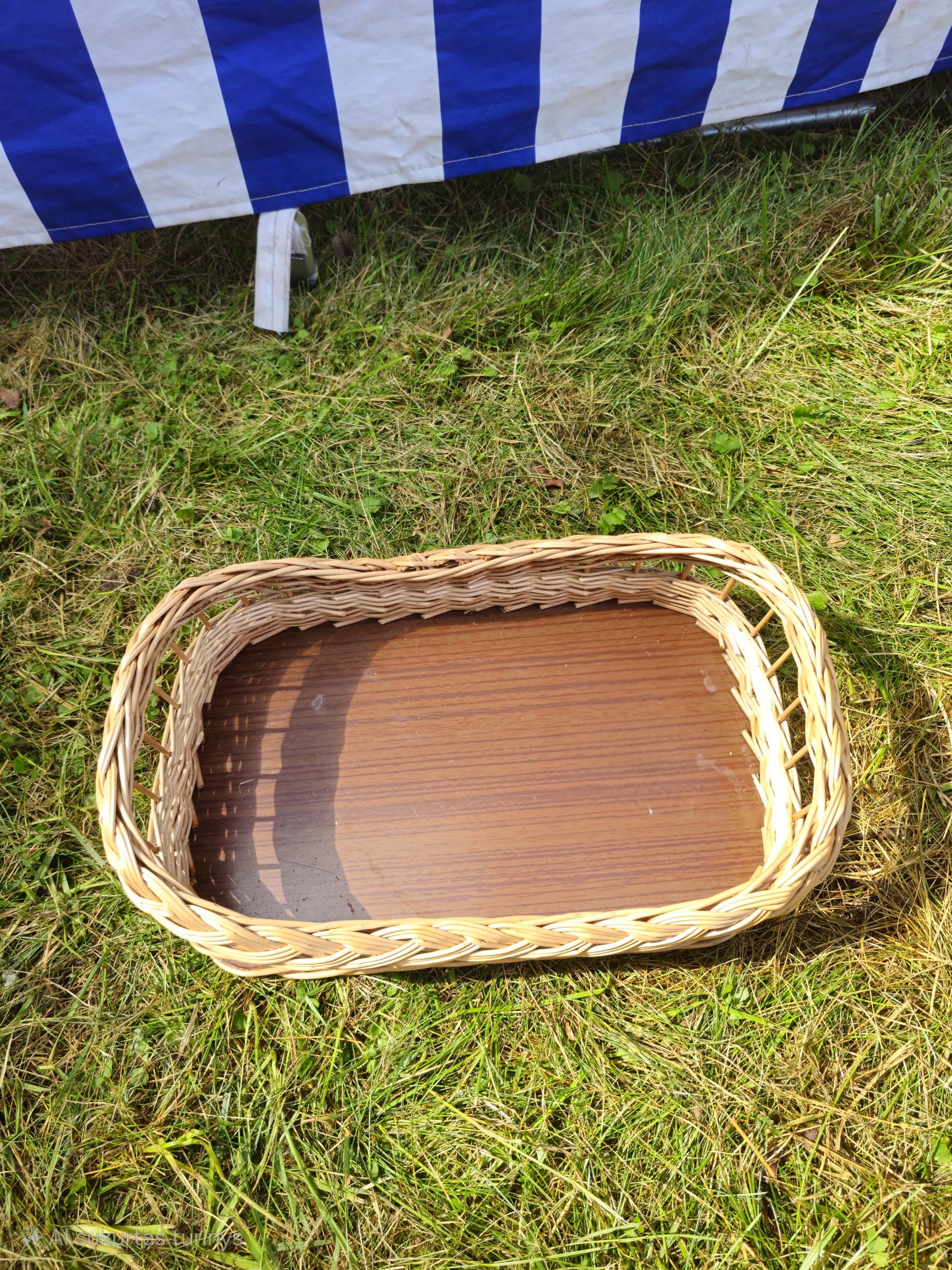 Wicker Serving Tray with Wooden Base – Handwoven Rectangular Basket
