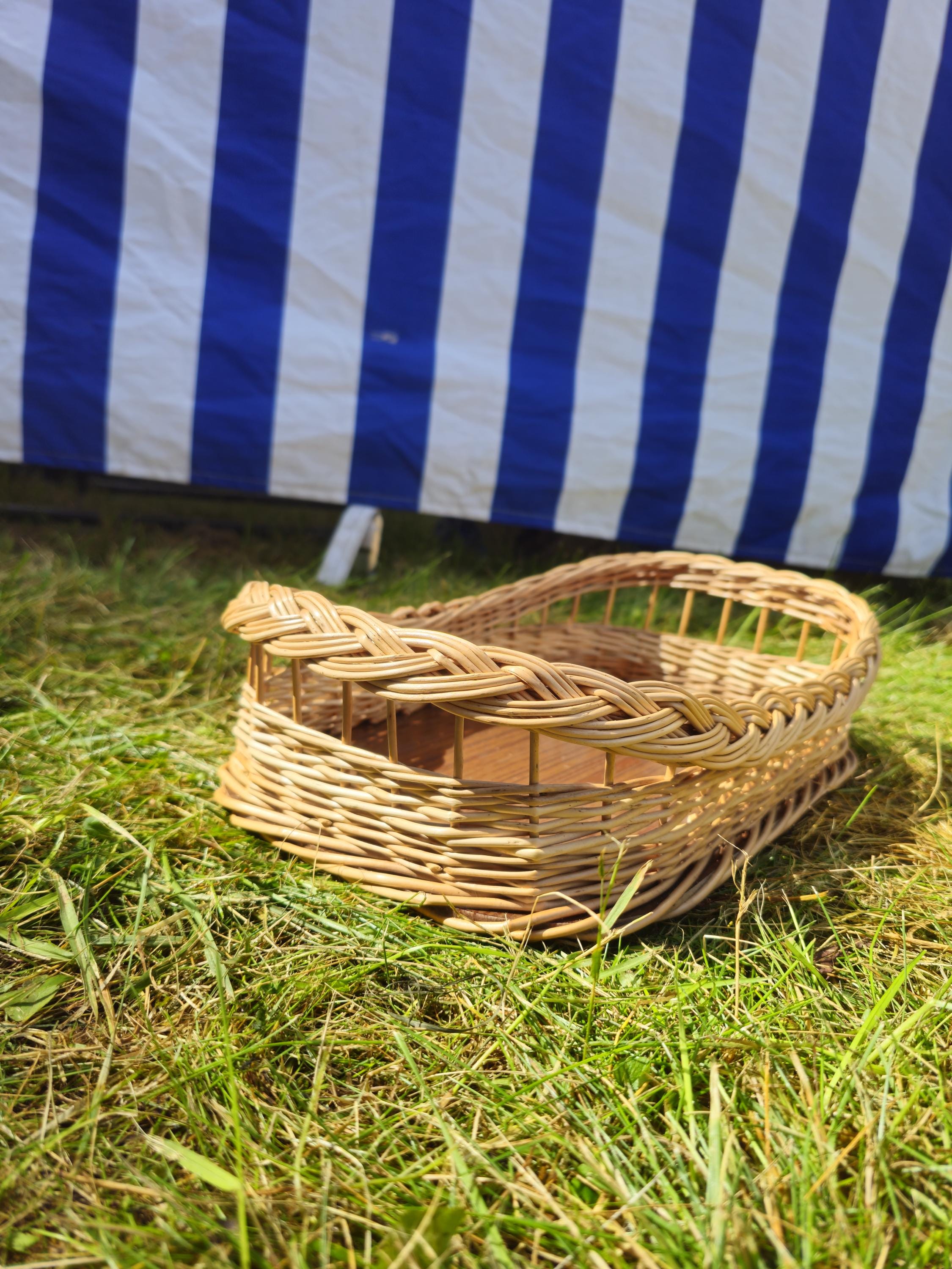 Wicker Serving Tray with Wooden Base – Handwoven Rectangular Basket