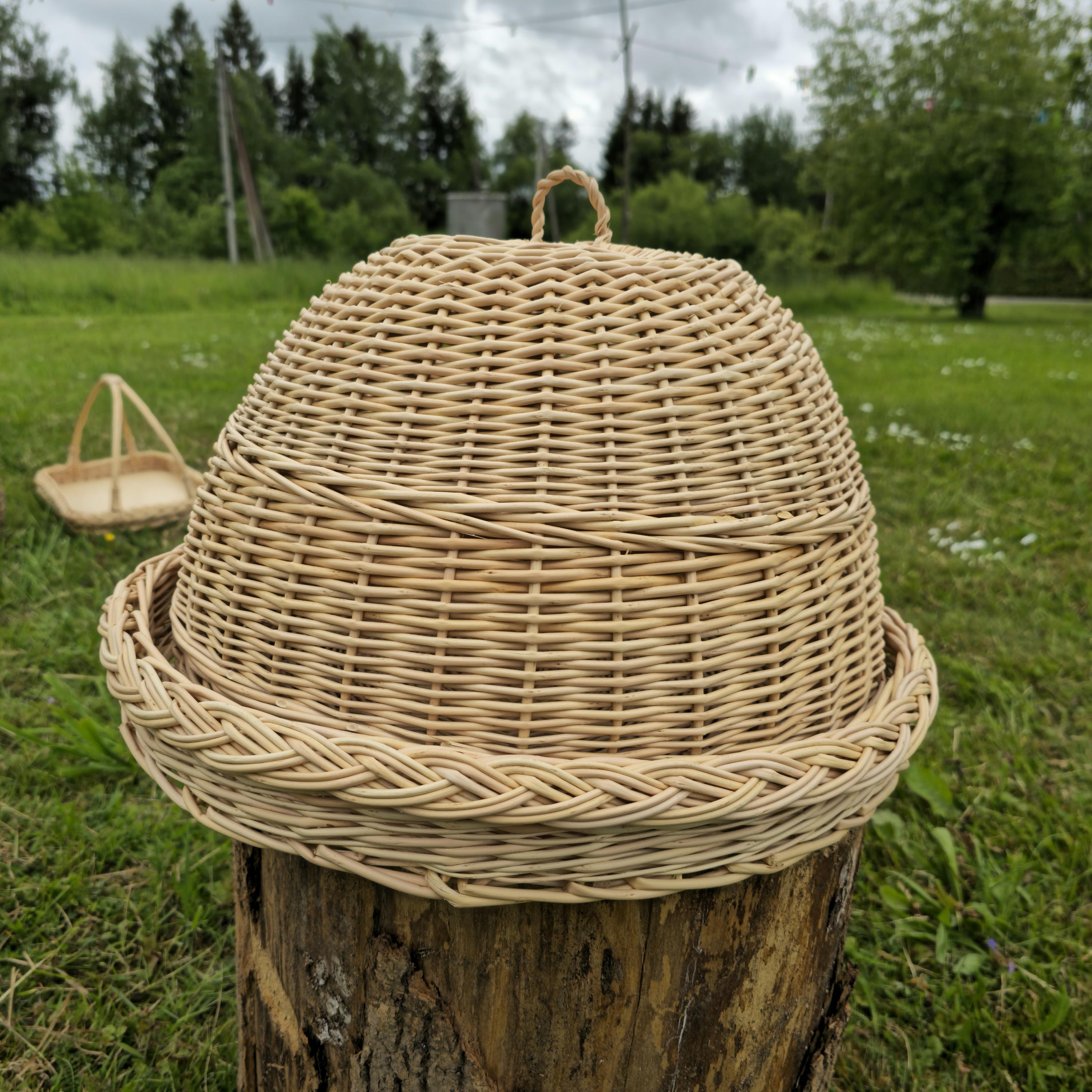 Handmade Wicker Food Cover with Tray: Rustic Farmhouse Kitchen Cloche
