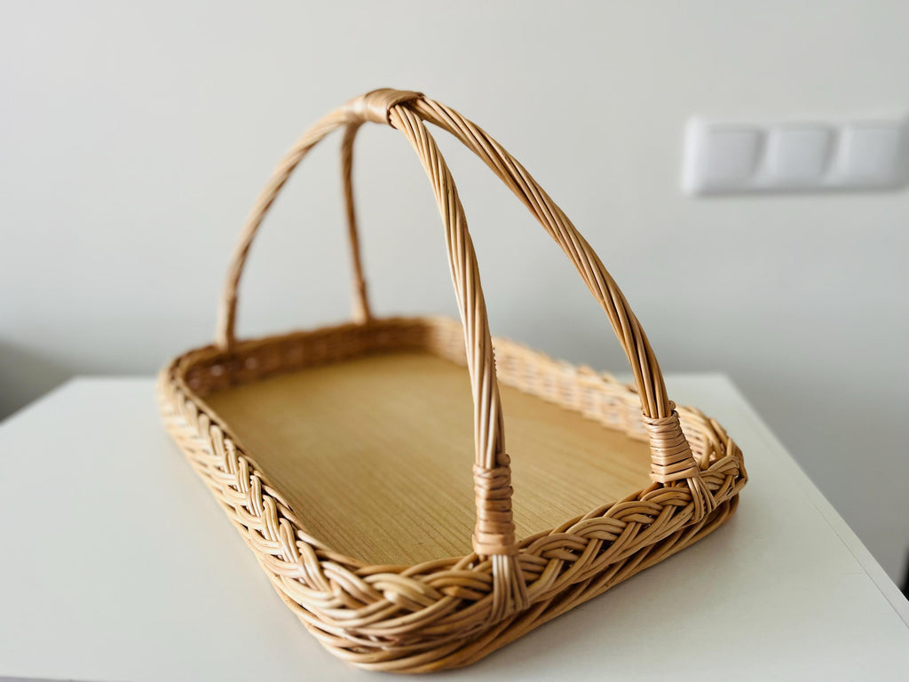 Handwoven Wicker Tray – Rustic Willow Serving Basket with Handles, Natural Table or Kitchen Decor