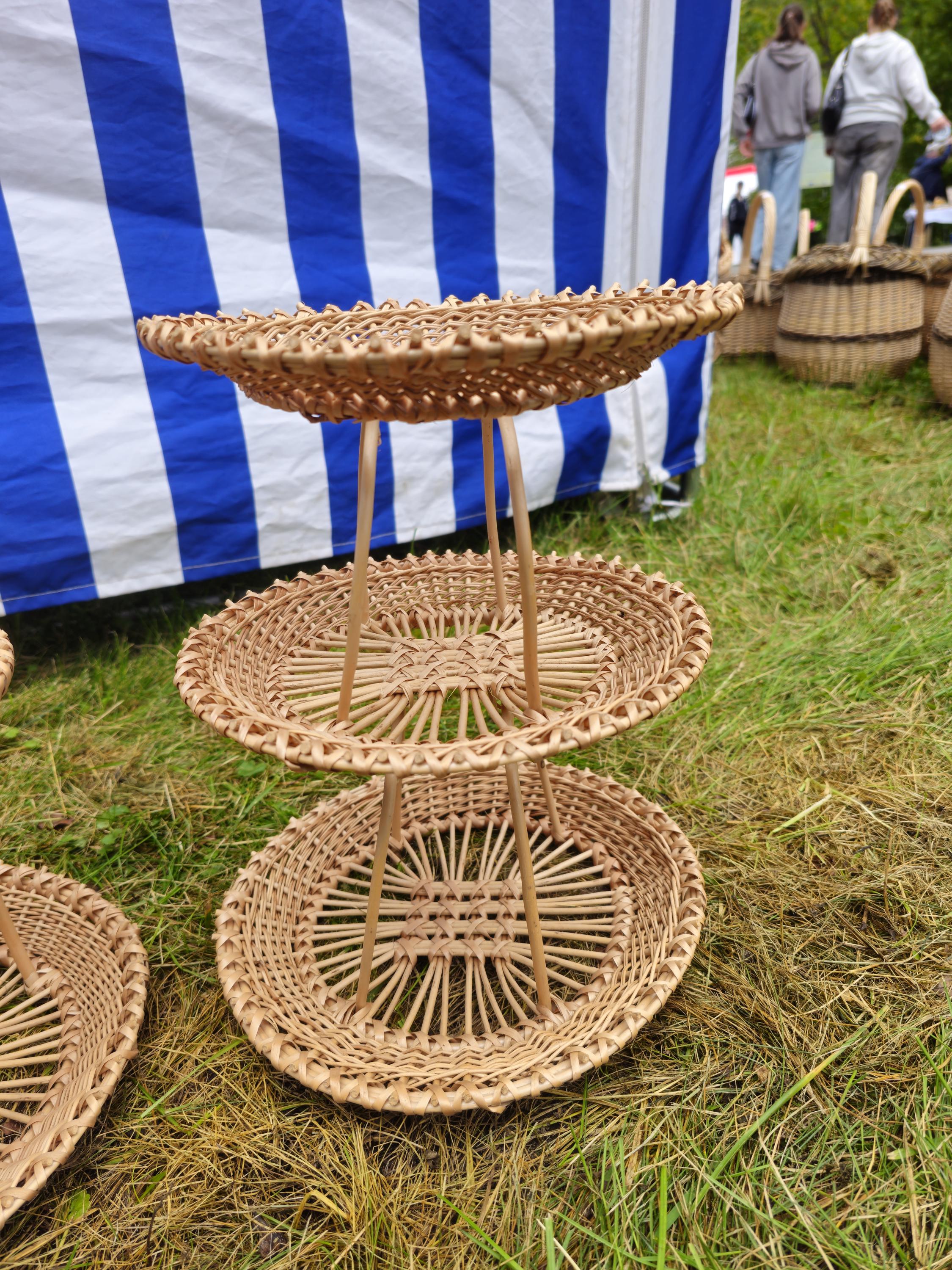Handwoven Three-Tier Display Stand | Rustic Willow Tray Shelf