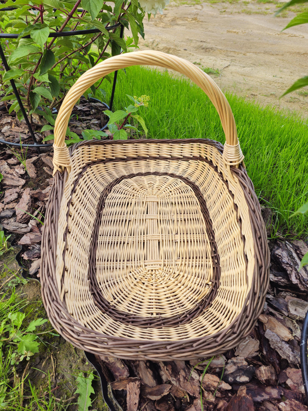 Extra-large Wicker Basket | Two-Tone Willow Trug for Foraging & Flower Gathering | Rustic Farmhouse Decoration