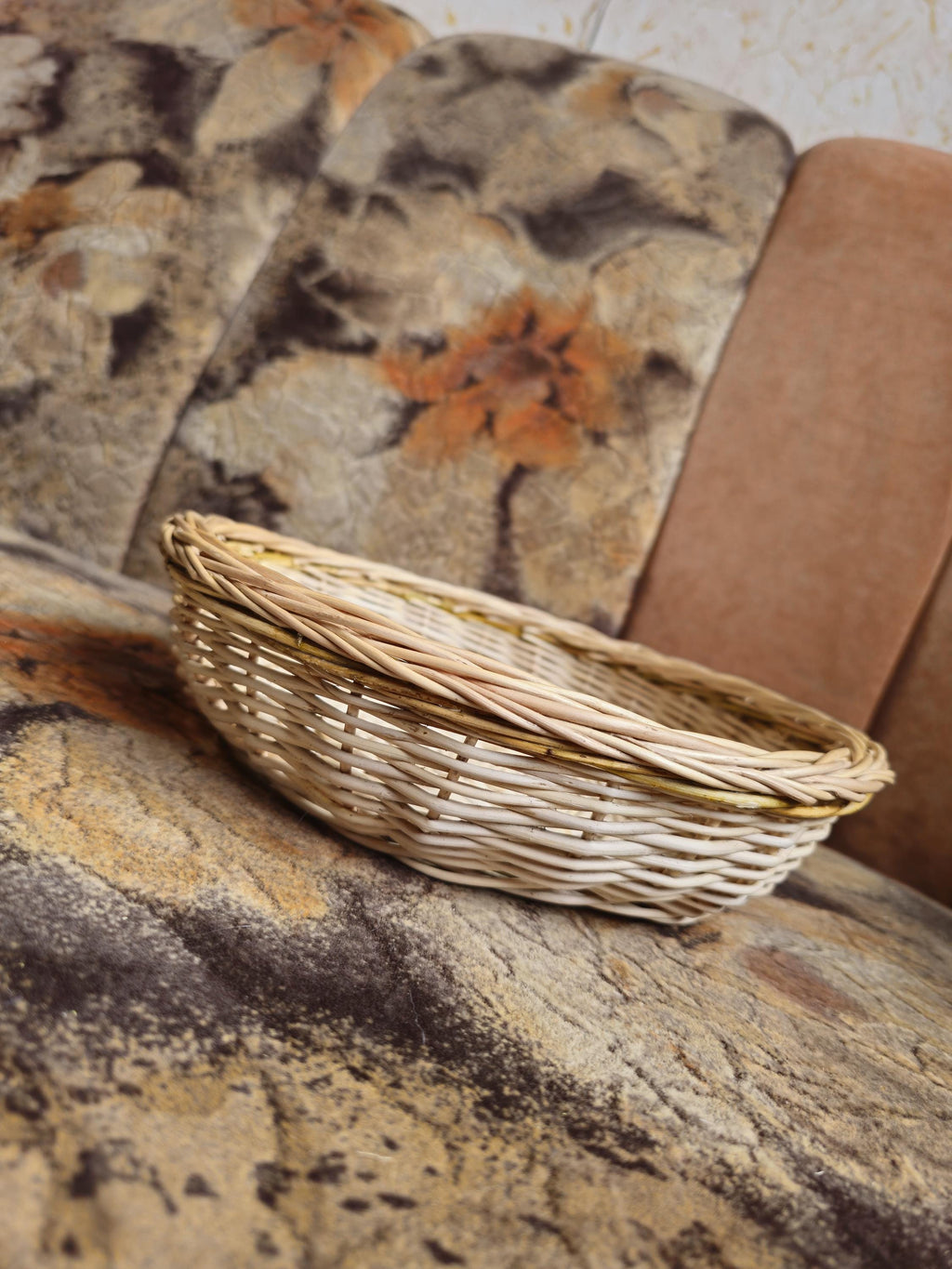 Rustic Bread Wicker Basket –  Low round handmade serving bowl