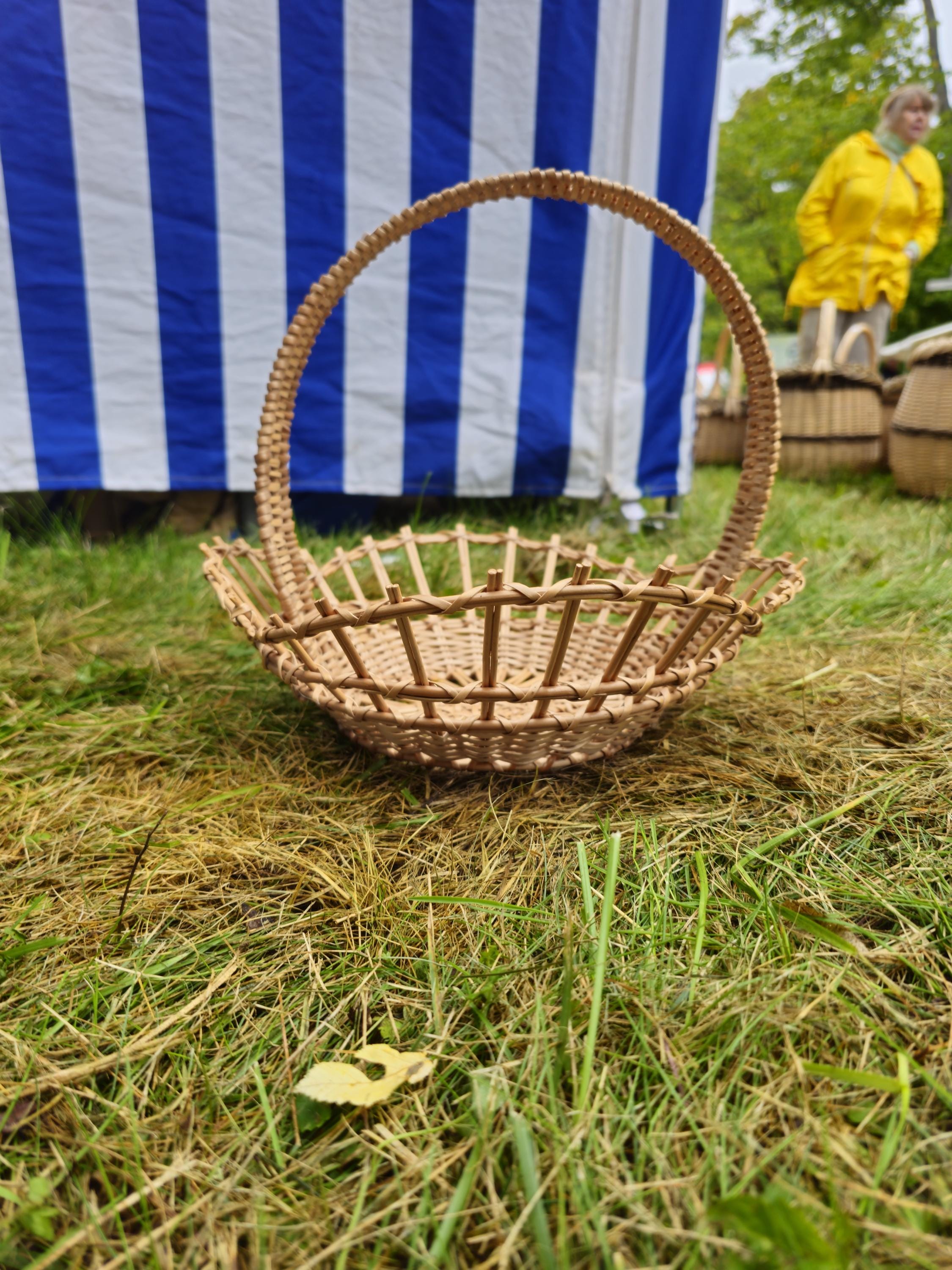 Shallow Wicker Display Basket with Arched Handle – Oval Handwoven Tray